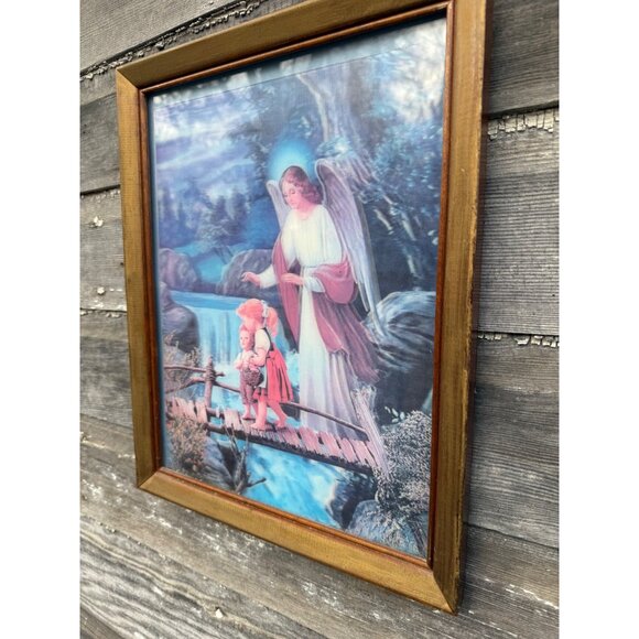 Vintage 70's Lenticular 3D Hologram Guardian Angel Children Framed Picture - Picture 2 of 15